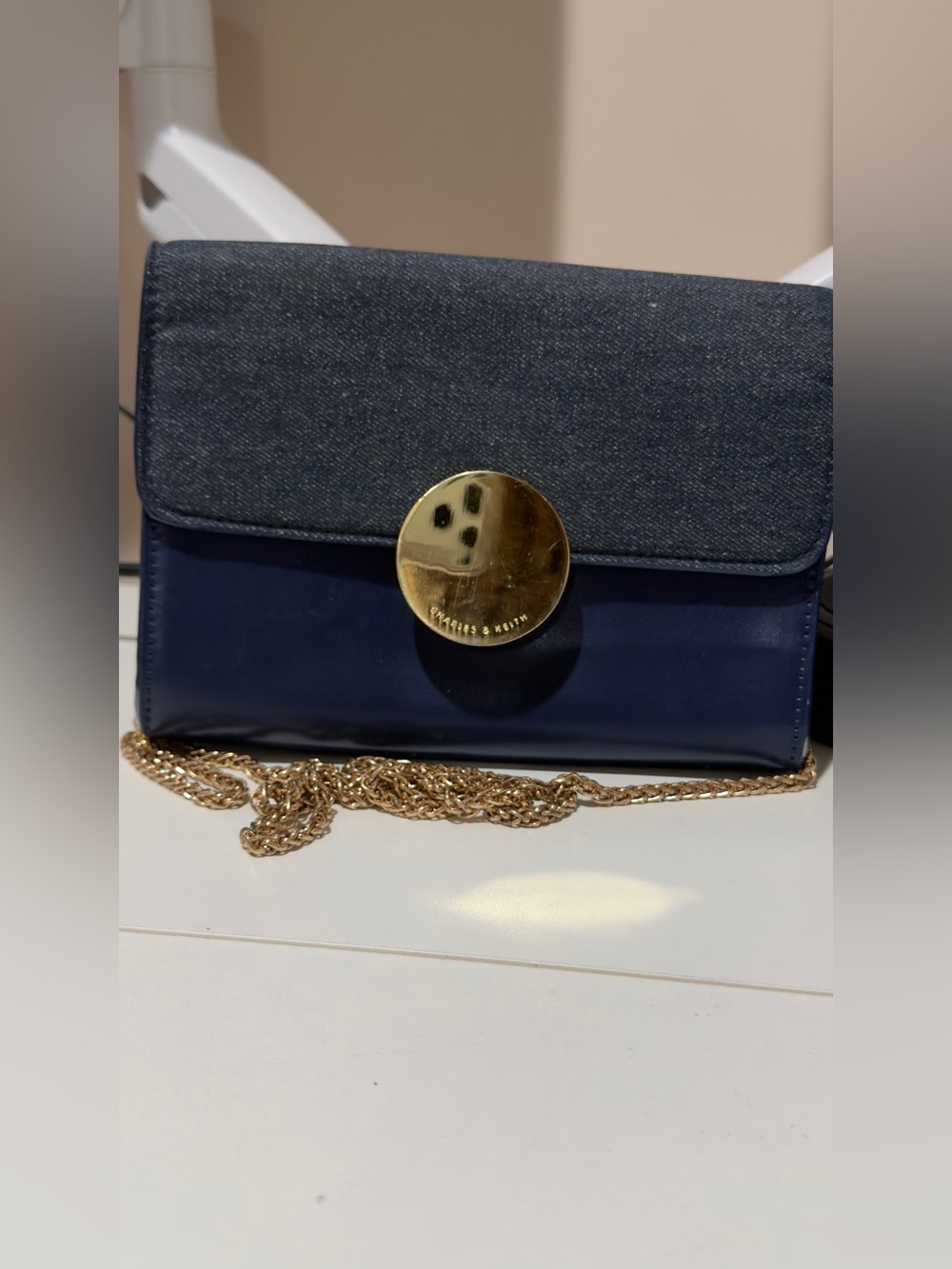 Charles & Keith Denim-Trim Navy Crossbody with Gold Hardware - Picture 3 of 17